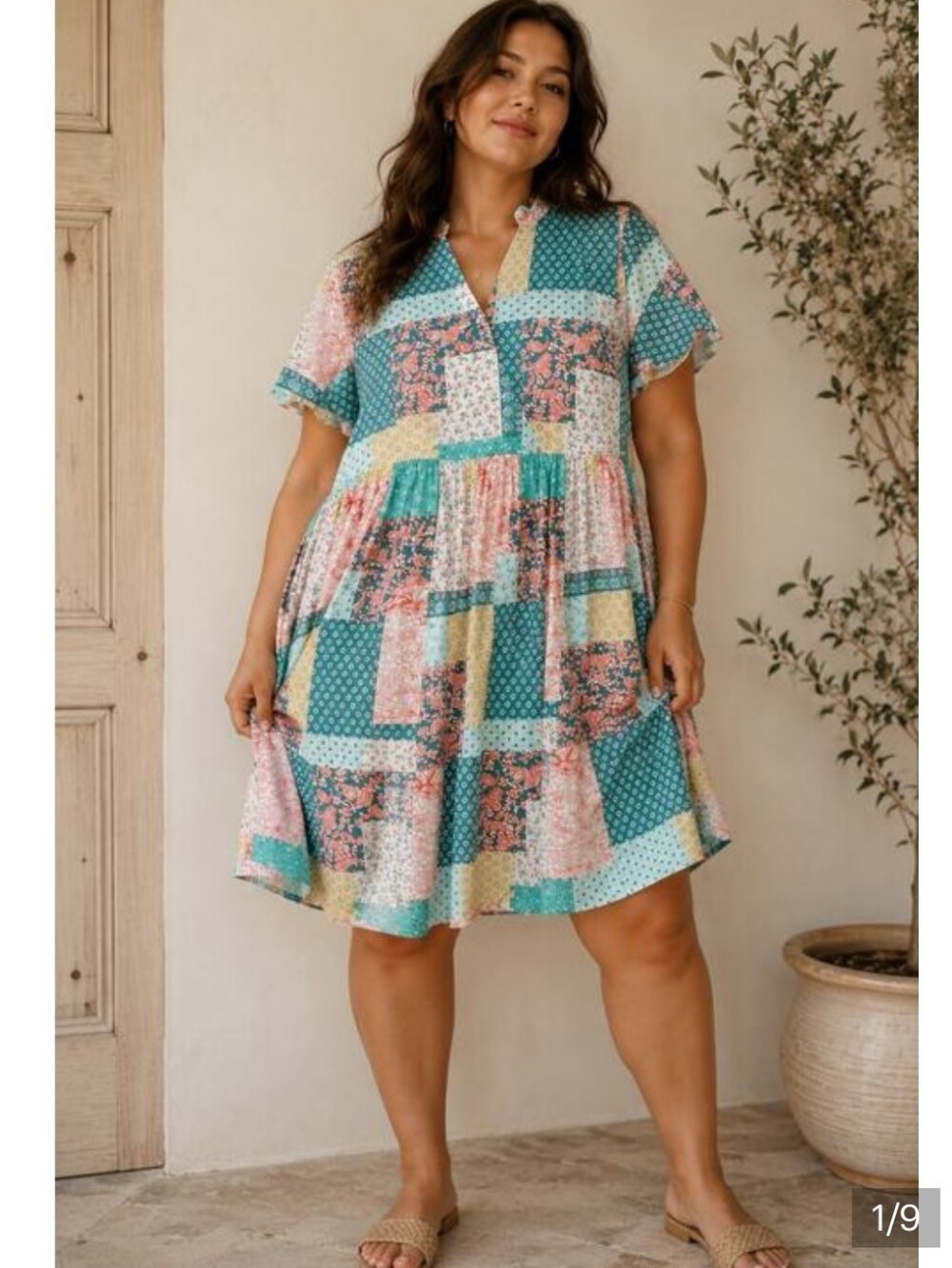 NWT. SIMPLY SOUTHERN Patchwork Floral Dress Scallop Hem Pink, Blue & Yellow SZ S